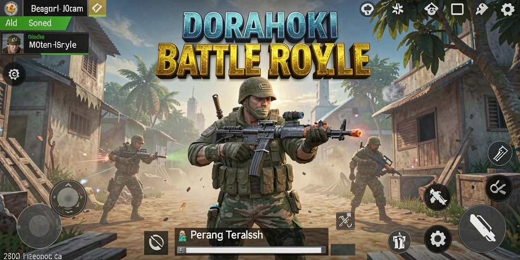 Screenshot gameplay DORAHOKI menampilkan aksi pertempuran seru dalam Battle Royale.