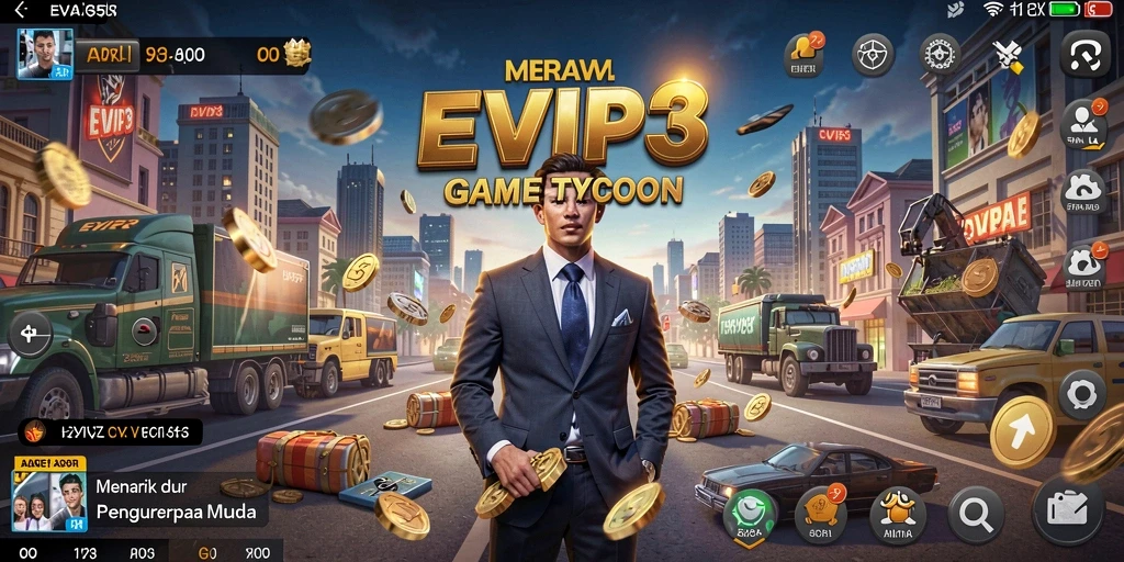Tampilan gameplay EVIP3 yang memukau dalam mengelola bisnis Tycoon.