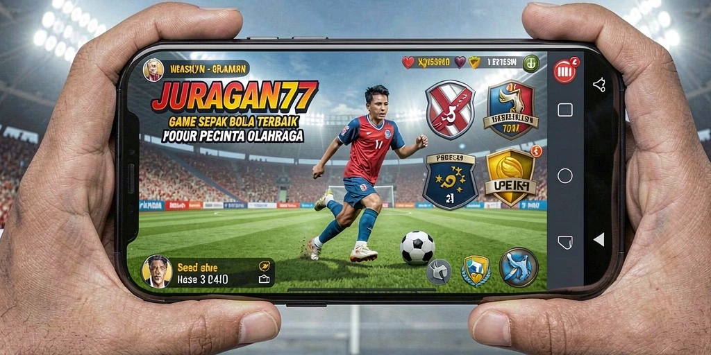 Tangkapan layar utama JURAGAN77 menampilkan aksion seru di lapangan sepak bola.
