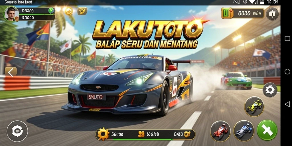 Tangkapan layar utama LAKUTOTO menampilkan aksi balap yang mendebarkan.
